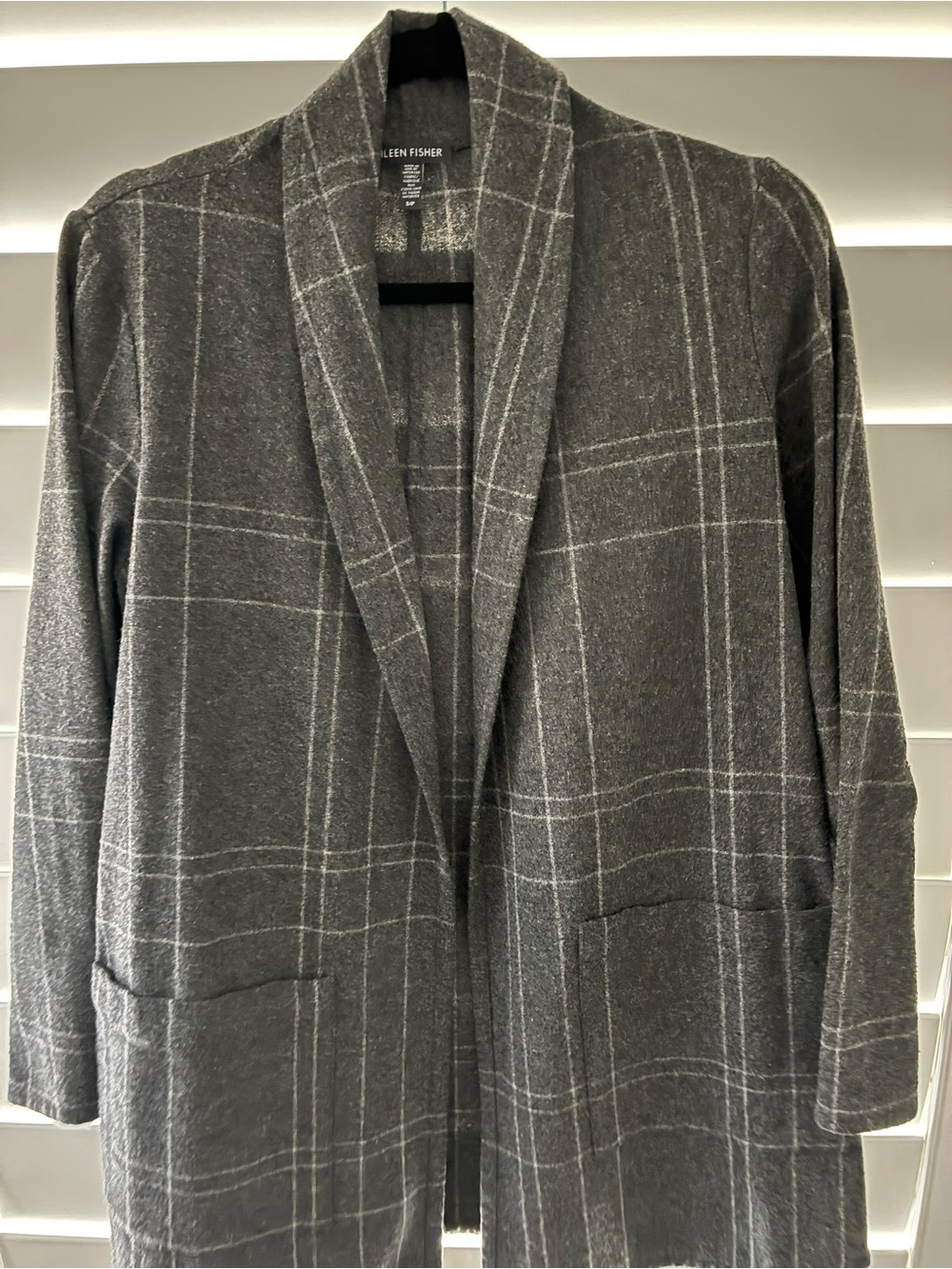 Eileen Fisher Gray Windowpane Shawl Collar Open Front Sweater Jacket